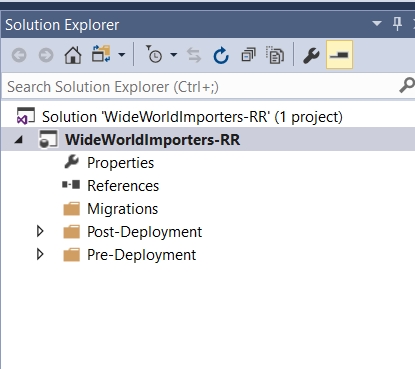 In Solution Explorer, under Solution 'WideWorldImporters-RR, WideWorldImporters-RR is selected.
